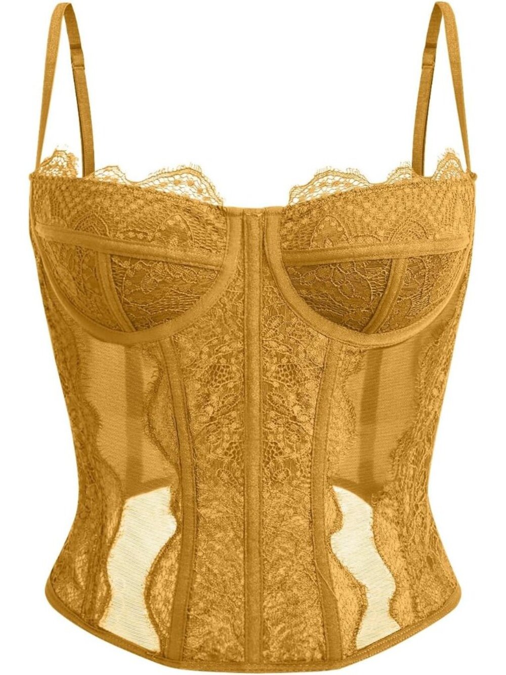 Women's Blonde Boned Lace Mesh Underwire Bustier Spaghetti Strap Corset Tank Top